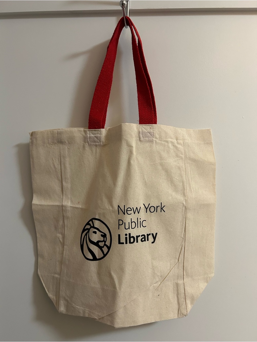 New York Public Library tote bag with red straps